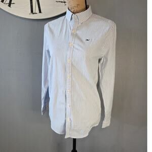 Vineyard vines button up long sleeve blue striped cotton whale shirt L